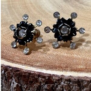 Vintage Black Flower Crystal Screw Back Earrings Unique Sparkle Statement